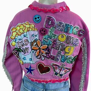 Upcycled Cropped Pink Jeans Jacket rhinestone bling modern Vintage Medium